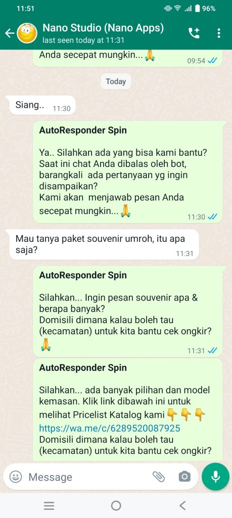 Contoh chat balas otomatis pada WhatsApp setelah menggunakan AutoResponder Spin